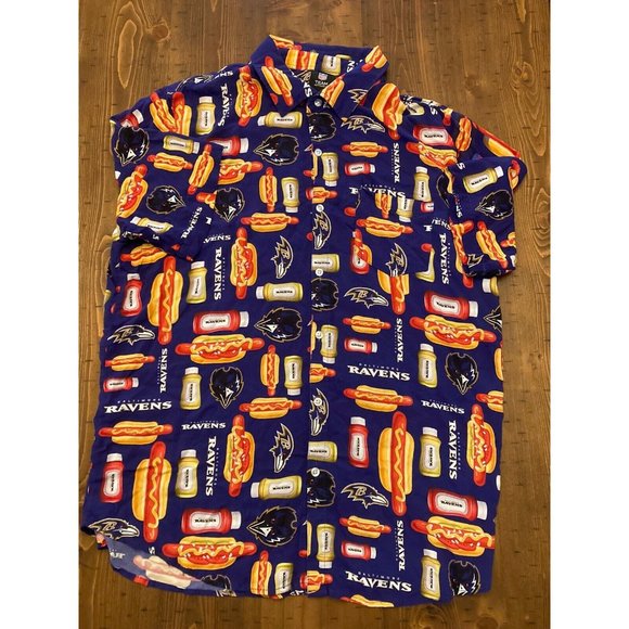 Baltimore Ravens Logo NFL Hawaiin Barbecue Sz XL  SS Button Shirt AOP Hotdog - Picture 1 of 7